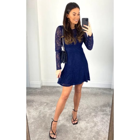Bardot NEW Tiana Long Sleeve Lace Mini Dress Navy Party Cocktail Sz 10 Large NWT - Picture 2 of 13